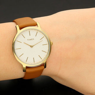 TIMEX Women's Watch with Gold Brass Case and Tan Leather Band-3