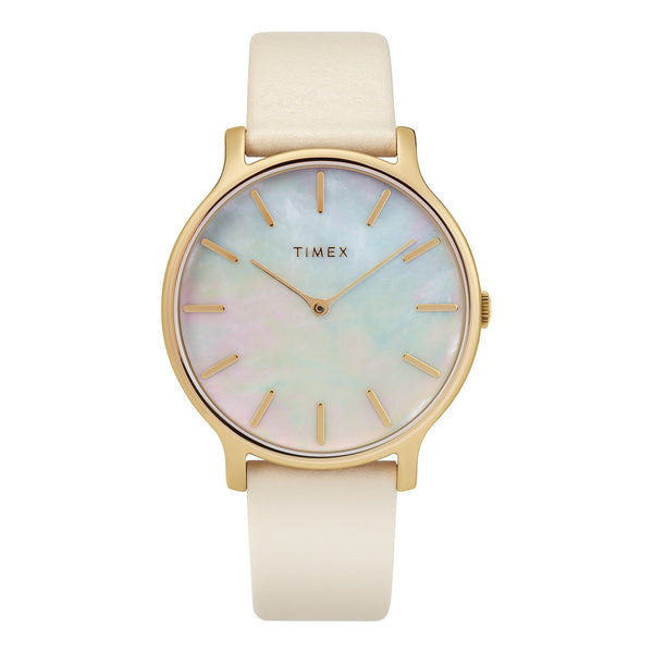 TIMEX Women's Watch with Gold Brass Case and Off-White Leather Band-0