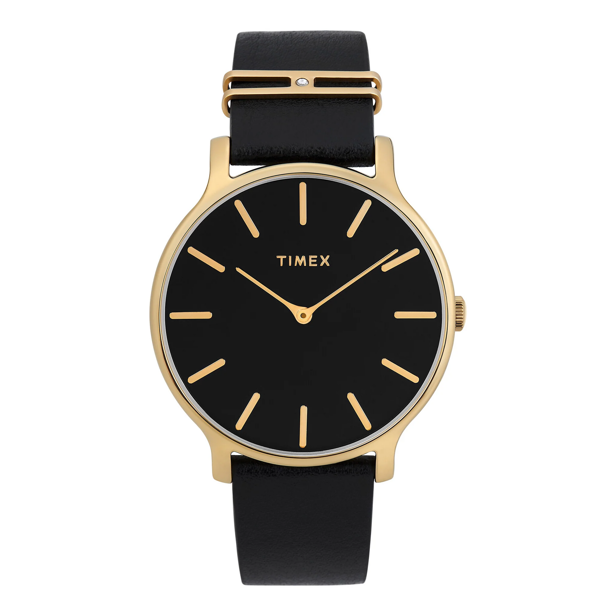 TIMEX Women's Watch with Gold Brass Case and Black Leather Band-0