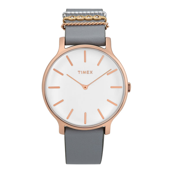 TIMEX Women's Watch with Rose Gold Brass Case and Gray Leather Band-0