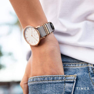 TIMEX Women's Watch with Rose Gold Brass Case and Gray Leather Band-3