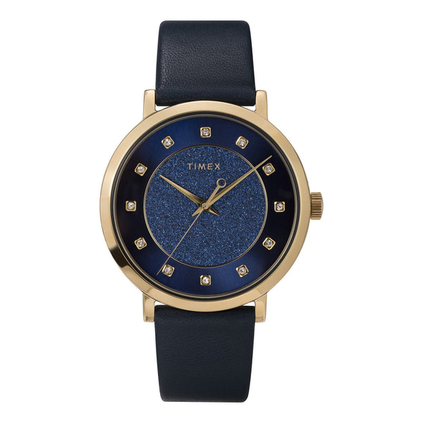 TIMEX Women's Watch with Gold Brass Case and Blue Leather Band-0