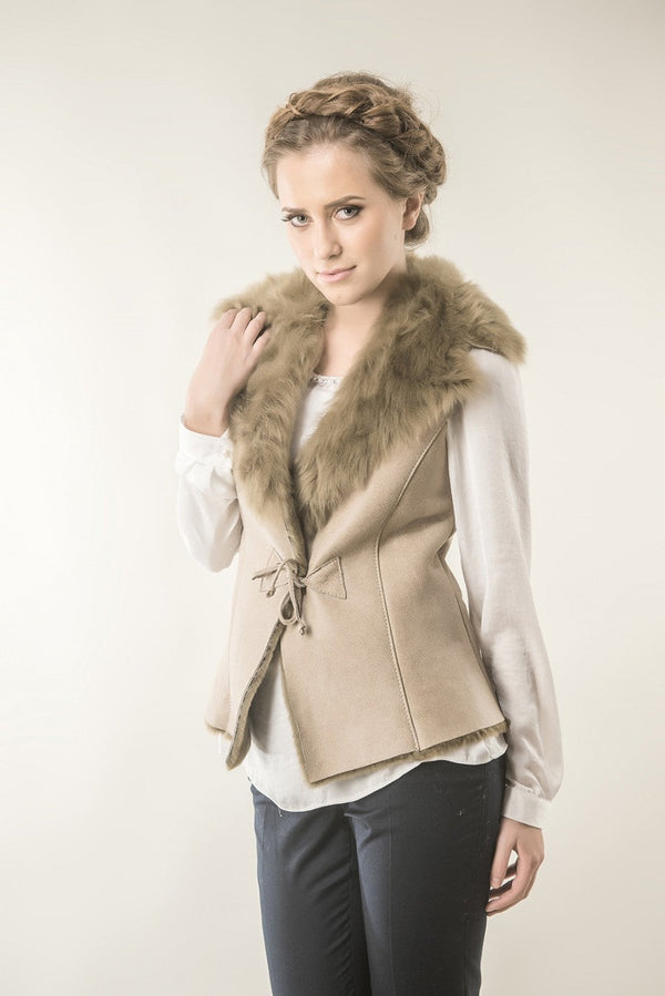 Beige Merino Fur Nappa Lamb Leather Vest-0