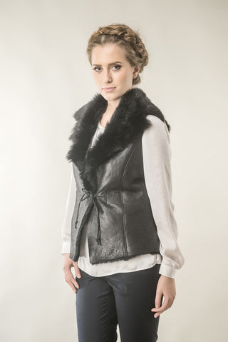 Black Merino Fur Nappa Lamb Leather Vest-2