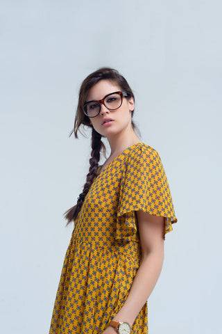 Yellow Dress With Flight and Geometric Pattern